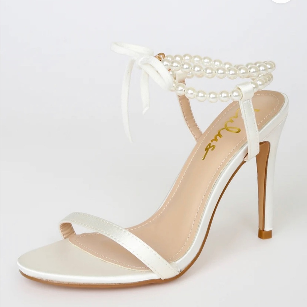Letzy White Satin Pearl Lace-Up High Heel Sandals